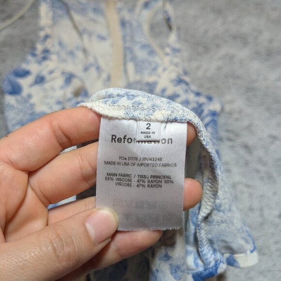Reformation Noha Dress Blue White Floral Mini Slit Pompadour Size 2 - Picture 6 of 8